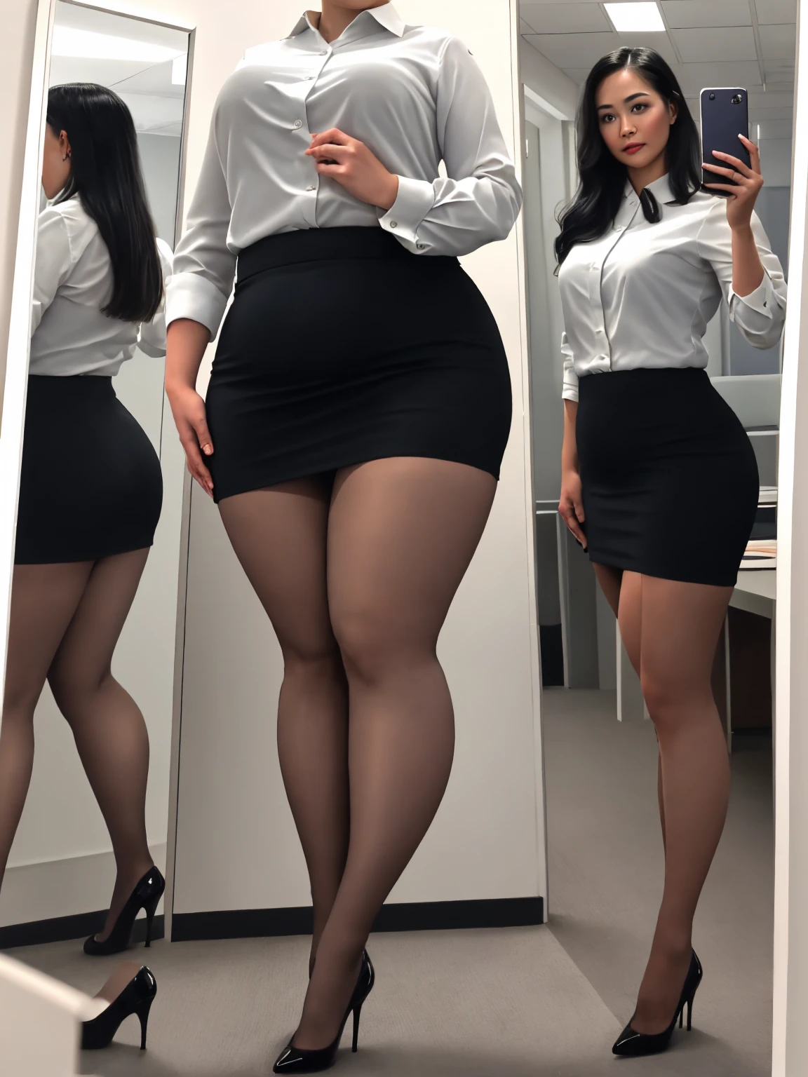 There is a woman wearing a business uniform,standing,, , (pantyhose), muscular thighs,tight skirt,  muscular female,muscular legs