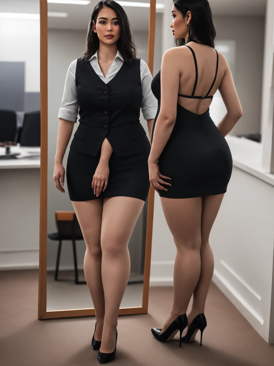 a plumber granny asian , chubby legs, curvy _ass, colored dress, skirt black, back side