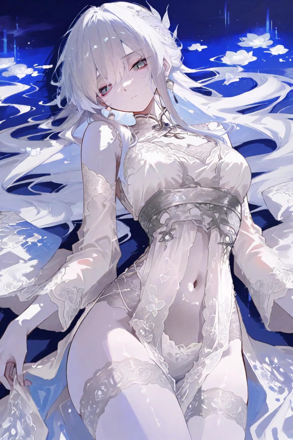 (summer clothing photo:1.1, in dark room:1.5), Masterpiece, best quality, (very detailed CG unity 8k wallpaper), (best quality), High definition RAW color art, Animation,sculptures, (black Marble Skin), (((Ultra detailed elegant))), Magical atmosphere, Detailed skin, Texture,(Intricately detailed, Fine detail, ultra-detail art), depth of fields, bokeh, Silky Touch, Hyper Detail, beautiful eyes, Elegant Face, (lying on blue waterfront), sparkle background, enormous breast:1.3, (silver hair), pastel purple, embarrassing face, wide open udder, short hair