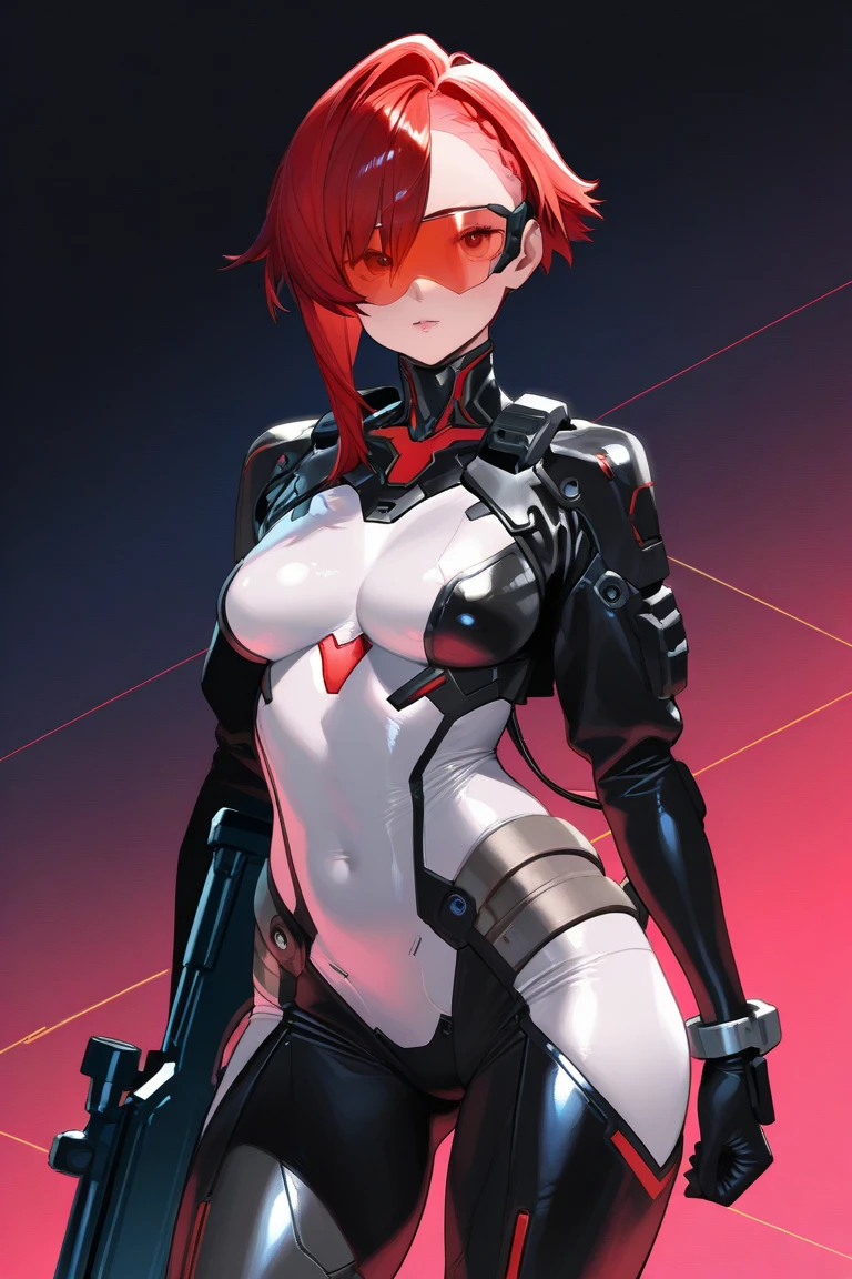 gorgeous woman, [makeup], (undercut) red hair, gleaming intense red eyes, highly detailed pupils, flawless rosy skin, sexy cyberpunk fashion model, cleavage, with the good guys, flirting