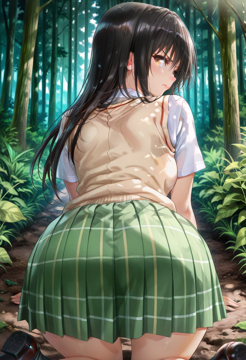 Top view angle、(((A woman squatting and urinating in the grass)))、(((Surprised expression、Scream、Hide your face)))Very large breasts、Exposing breasts、He is squatting with his jeans removed down to his knees.、White shirt、Sweaty(((NSFW、Naughty pictures)))