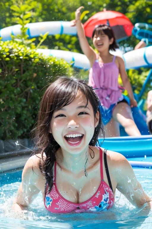 (8K、Raw photography、top-quality、masterpiece:1.2)、ultra-detailliert、Live-action girl、Smiling Japan girls happily playing with water guns while drenched、