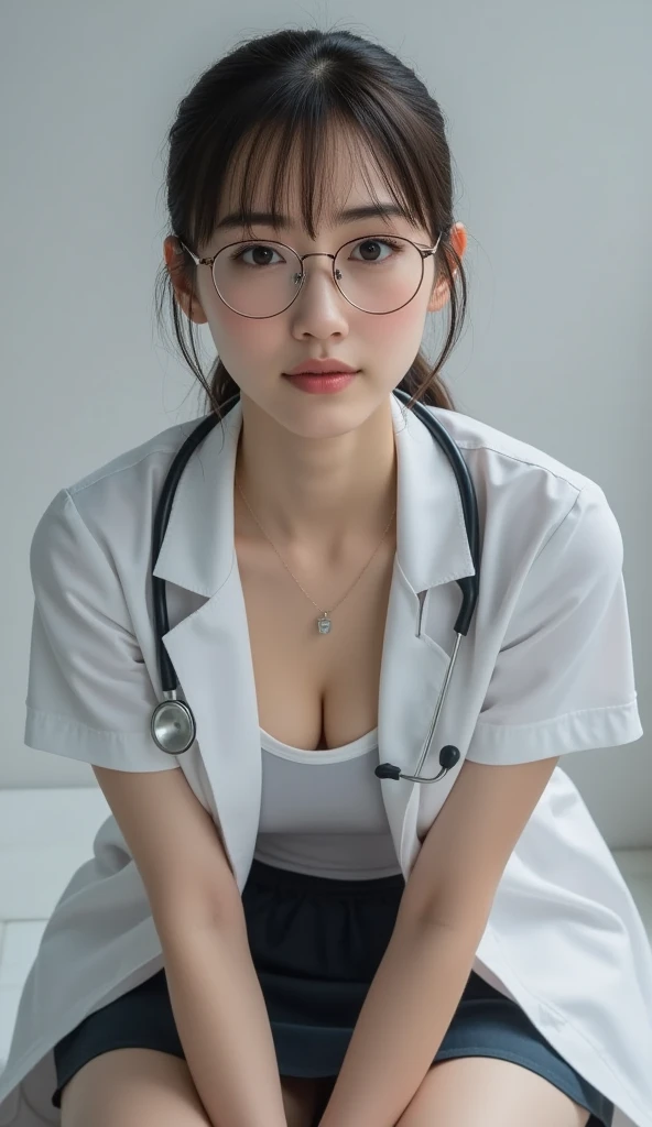 Photorealisticistic beautiful doctor、Stunningly beautiful、doctor'Under her white coat'Wearing sexy blue underwear, Collared shirt、(Highest quality、8k、32k、masterpiece、NFSW:1.3)、Ultra-high resolution,(Photorealistic:1.4),RAW Photos, Detailed face,,Beautiful Hair, ((doctor style)), Tight Skirt、 Natural Makeup,, Big and ample breasts、In the hospital, Detailed Background, Perfect lighting, Written boundary depth, Beautiful shadow gradation,Put a stethoscope on the patient、Beautiful female doctor、I can see your pants、Sit in the examination chair、Big thighs、Skirt Lift