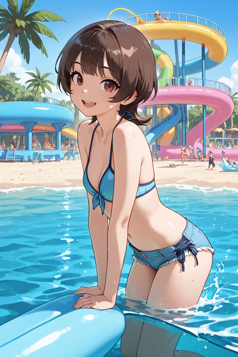 masterpiece, Highest quality, High resolution, Gloria1, 1 Girl, Gloria\(Pokémon\), Brown Hair, , Brown Eyes, , Short Hair, , Bobcut, bangs, , 　１Describe a girl carefully　１Girl　smile　blush　Open Mouth　blush　beach　Ocean　Sexy Bikini
