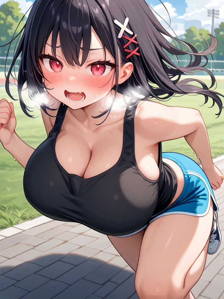 (hard running style), (beautiful plimp body)(solo:2, 18 yo, sweaty skin, straight black hair very long hair beautiful sadist plump girl, angry red eyes, serious sweaty face, glossy lip, bigboobs), in a running suit, break, in the running Running training ground, BREAK, perfect anatomy, masterpiece, best quality, 16k, beautiful detailed grow, daydreaming expression.