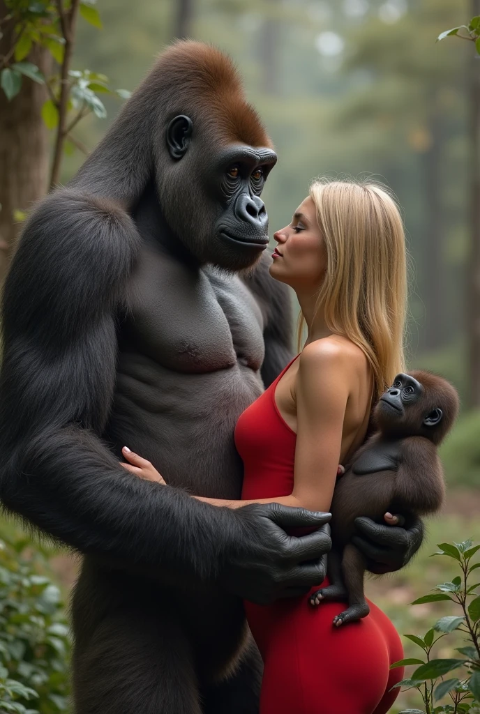 cute pregnant topless leopard thong 19yo blondy woman hugging ((big monster gorilla)) ed King Kong , sits on arms of gorilla , smiling, in a forest, shallow depth of field, highly detailed, bokeh,epic, gorgeous, (big different in height), from below, closeup portrait, unusual but beautiful, realistic dramatic photo, nsfw, pussyeltoe kissing