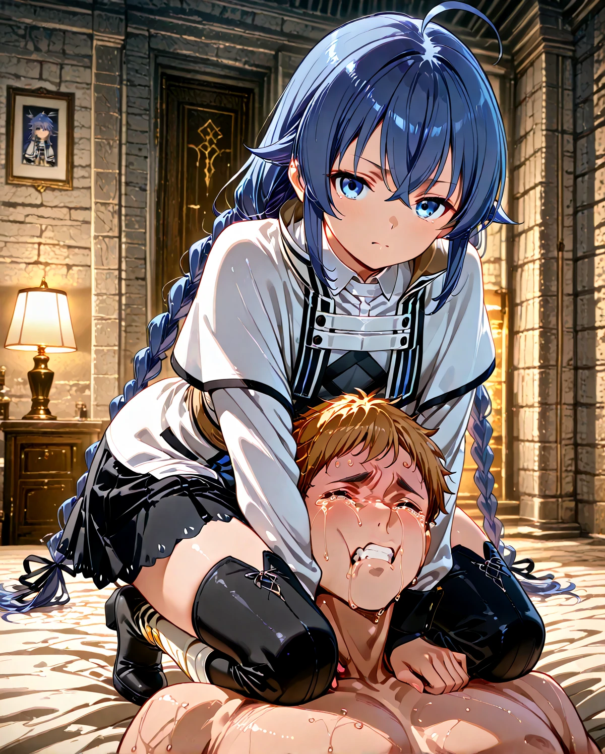 (1 boy, 1 girl), a age school girl in mixed bondage wrestling with a teenboy, they are roughly the same age, the school girl is wearing a red pleaded careered skirt and a black pullover, the girl has a is a bit smaller than the boy, the girl has shoulder long hair, the boy is wearing casual clothes, teenage hogtied and struggling against the ropes, school girl applying more ropes to the teenage boysy, blushing boy dominated and controlled by the girl, the girl is smiling and laughing and tries to humiliate the teenage boy, thenage boy is blushand ashamed and is gritting his teeth, he desperately tries to break free but to no avail, the boy struggles and squirms against the ropes, the girl is sitting on top of the teenage boy to prevent hrom moving and has ropes in her hands and uses them to tie up the arms of the teenage boy behind his back,arms of the teenage boy are completely tied nd his back in lots of ropes, the teenage boy looks very embarrased anhamed, the girl is saying „this must be embarrassing for you“ , huge struggle, many viewers watching, wrestling ring,intricate rope work, teenage boy blushing and ashamed, dramatighting, highly detailed, photorealistic, 8k, masterpiece, teenage school girl vs teenage school boy, fm, power, control, beaul teenage girl, detailed faces, teenage boy aggresiveled up by teenage girl, lots ofe, perfect eyes, detailed faces, sq and struggle marks arround the boy