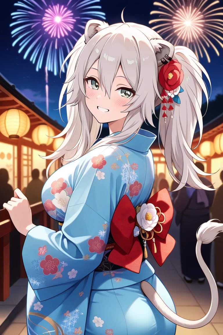 Long gray hair、Cat ears are big、Women with large breasts、Summer Festival of Yukata、Fireworks are beautiful in the night sky、Rainbow Bridge、Lick cotton candy deliciously、Glitter and beautiful、Shooting star and rainbow co-starring
