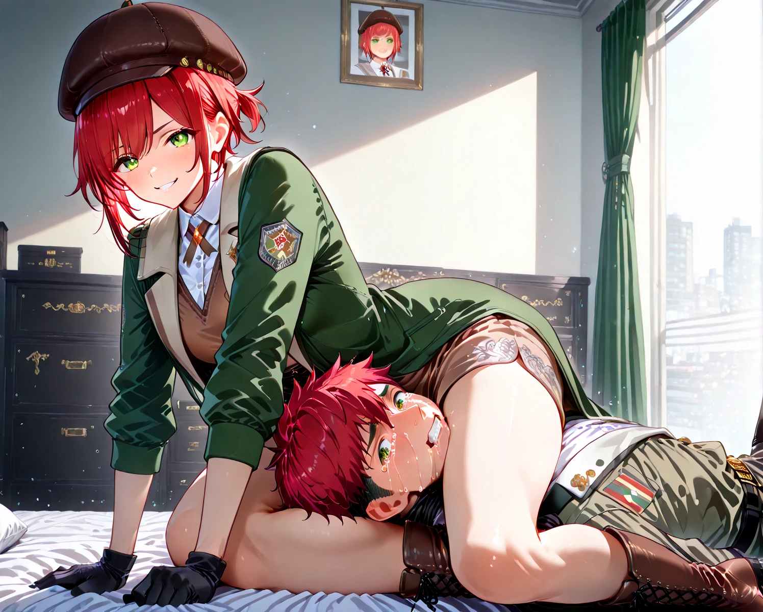 2man, Roronoa Zoro from One Piece, sexy looking, sexy pose, nipples visible, flat chest, in his outfit, feet seen, ultra orgasmed face, very horny face, laying back on bed, vibrant light, pastel light colors, master piece, ultra high quality, ultra high resolution, high detailed, best quality, 8K, light from side, cute penis, Roronoa Zoro has a penis, penis shots a lot of semen, Roronoa Zoro kisses with Monkey D. Luffy, yaoi kiss, Roronoa Zoro's and Monkey D. Luffy's mouth meets with each other, yaoi, Monkey D. Luffy is a man,