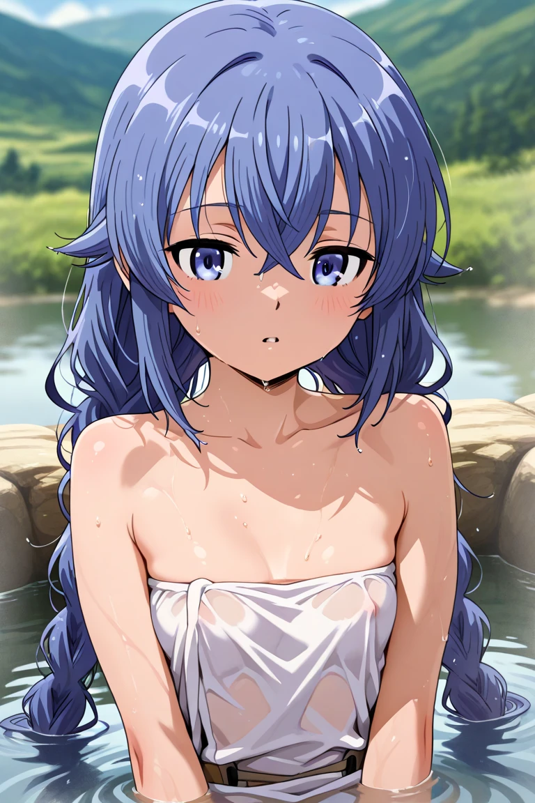 (masterpiece, best quality,), Roxy, 1girl, solo, light smile, light blush, twin braids, long hair, blue hair, ahoge, blue eyes, (((bikini))), (((white bikini))), small breasts, completely undressed, upper body, standing, looking at the viewer, sea