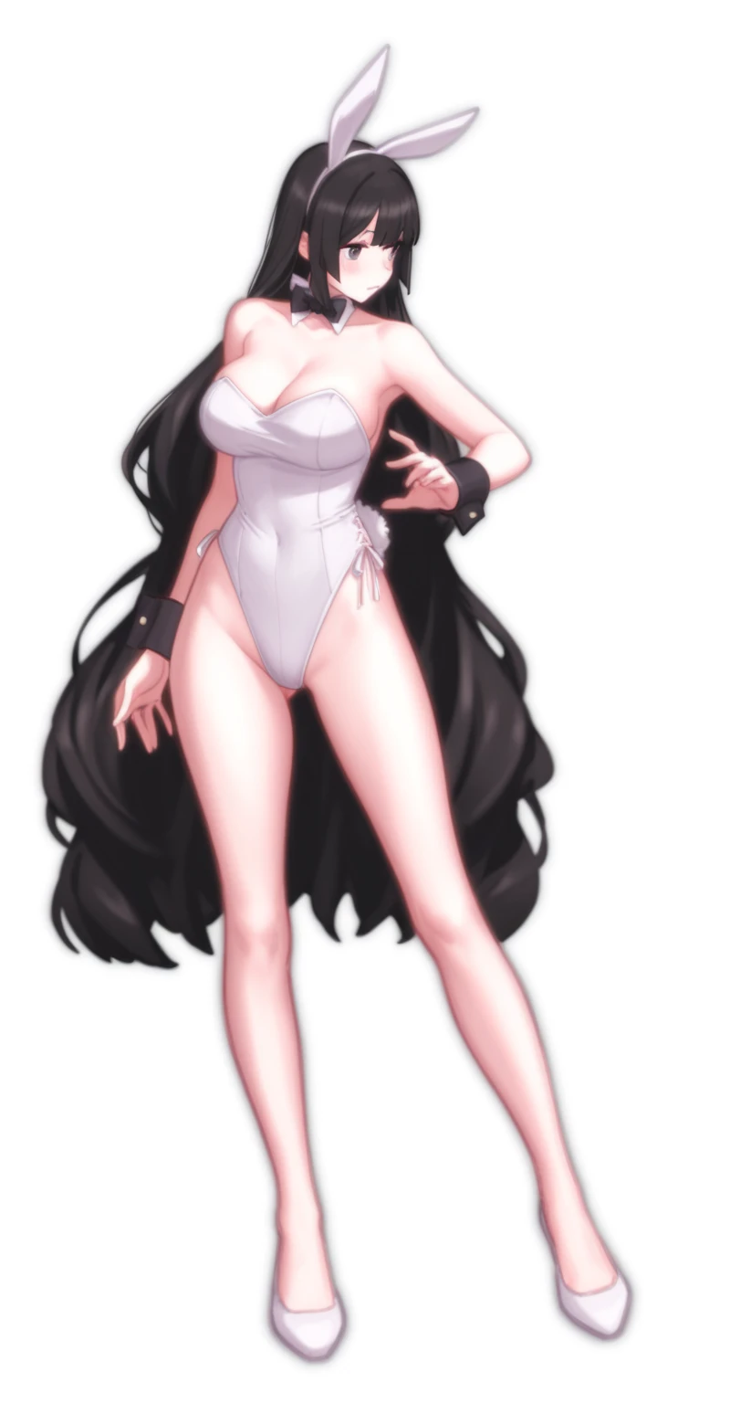 tall girl, slim, with asian features, white, medium tits, medium ass wearing a white leotard, fishnet stockings, white heels, headband with white rabbit ears and a white bow on the neck.