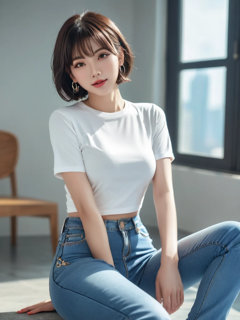 1girl, (Black Eyes), (smiling), (wide hips), (Big tits), (big ass), (Best Quality, 8k, Masterpiece: 1.3), Clear Focus: 1.2, Perfect Body Beauty: 1.4, strong abs, Highly detailed face and skin texture, (detailed eyes :1.1), double eyelids, (black short hair :1.2), (white t-shirt), (high waist jeans), standing, dynamic pose, in the living room