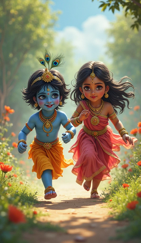 Goddess Radha and Lord Krishna as childs playing in the garden , Indian God, 8K render, facing towards the viewers