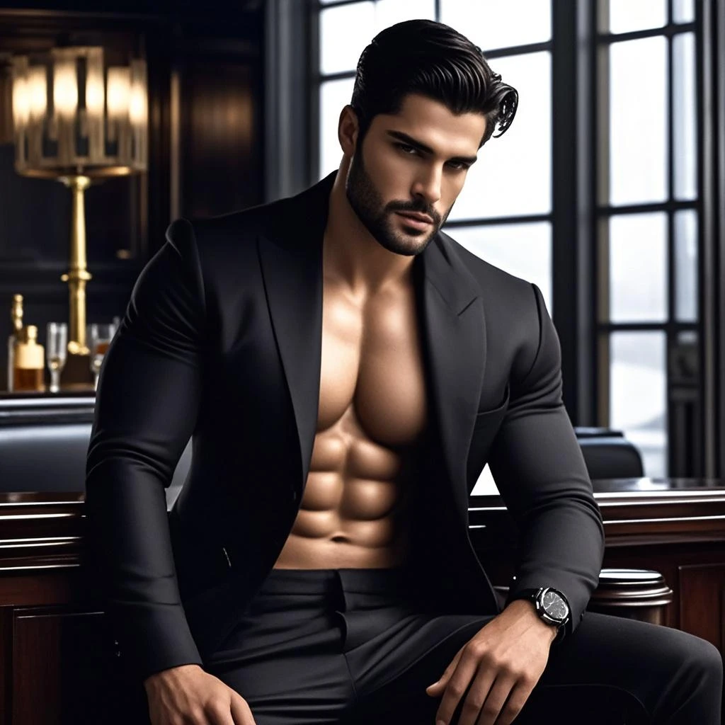 Create a 20 years Indian young boy with realistce face and six pack abs and fitness body and strong muscle and sexy look at forward and black hair cut and beautiful face and smiley face and stylish pose and wearing a blue blazer jacket and pants futuristic baground and haily detailed pictures.