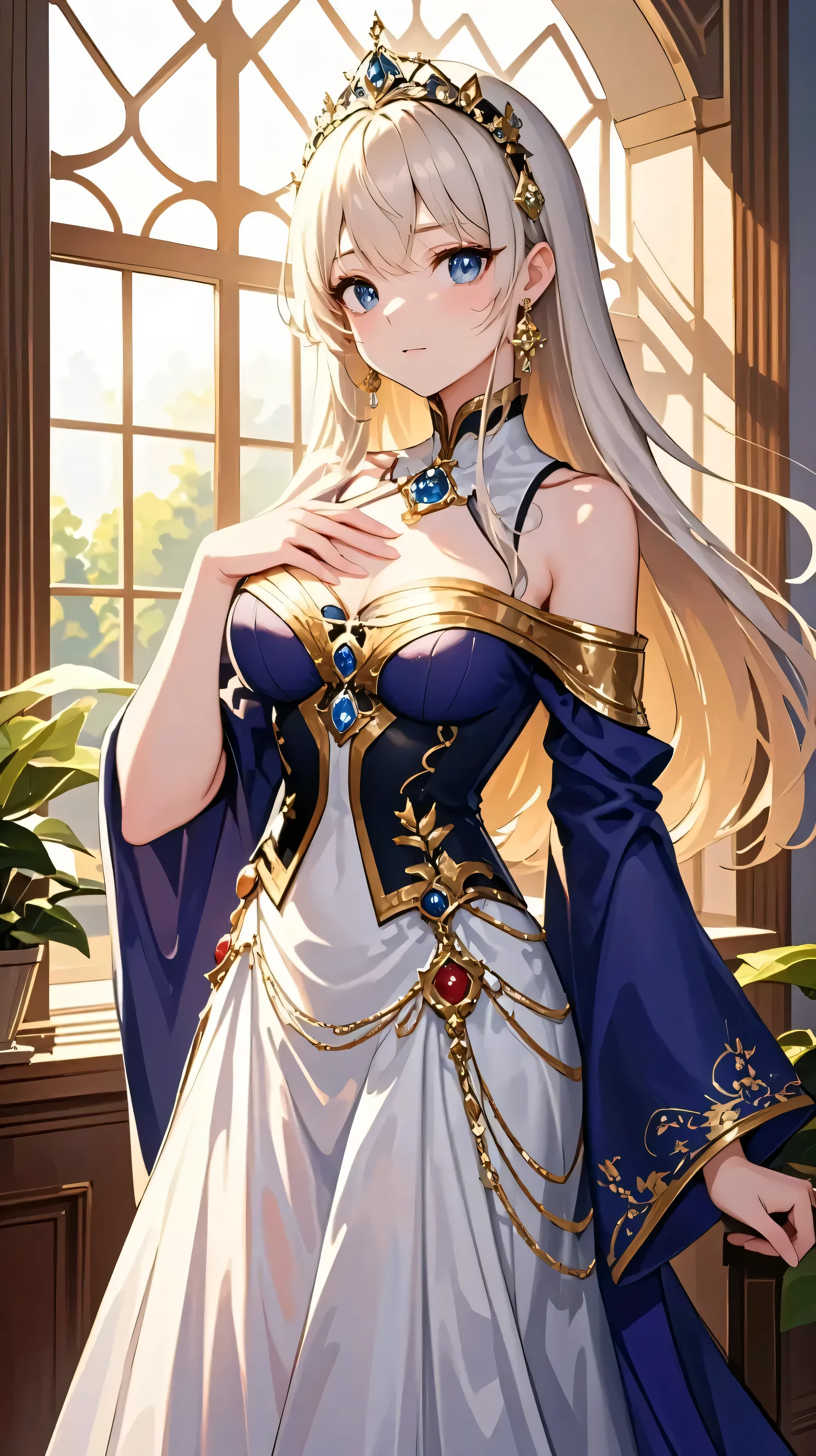 1.5, best quality, high quality, High definition, High quality texture, high detail, beautiful detailed, finely detailed, extremely detailed cg, detailed texture, ((ANIME)), 1girl, woman, female, ((european noble)), blonde hair, long hair, beautiful dress, perfect girl, calm