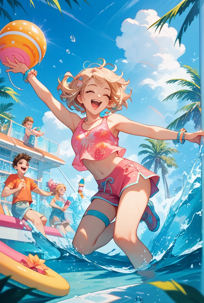 anime、Vibrant colors、In the water、Uplifting、Three beautiful girls swimming in the ocean at 100km per hour、Bright swimsuit、Bright eyes、Sparkling eyes、Large Breasts、An innocent smile、100 vibrant tropical fish、1000 glittering particles、100 butterflies swimming in the water