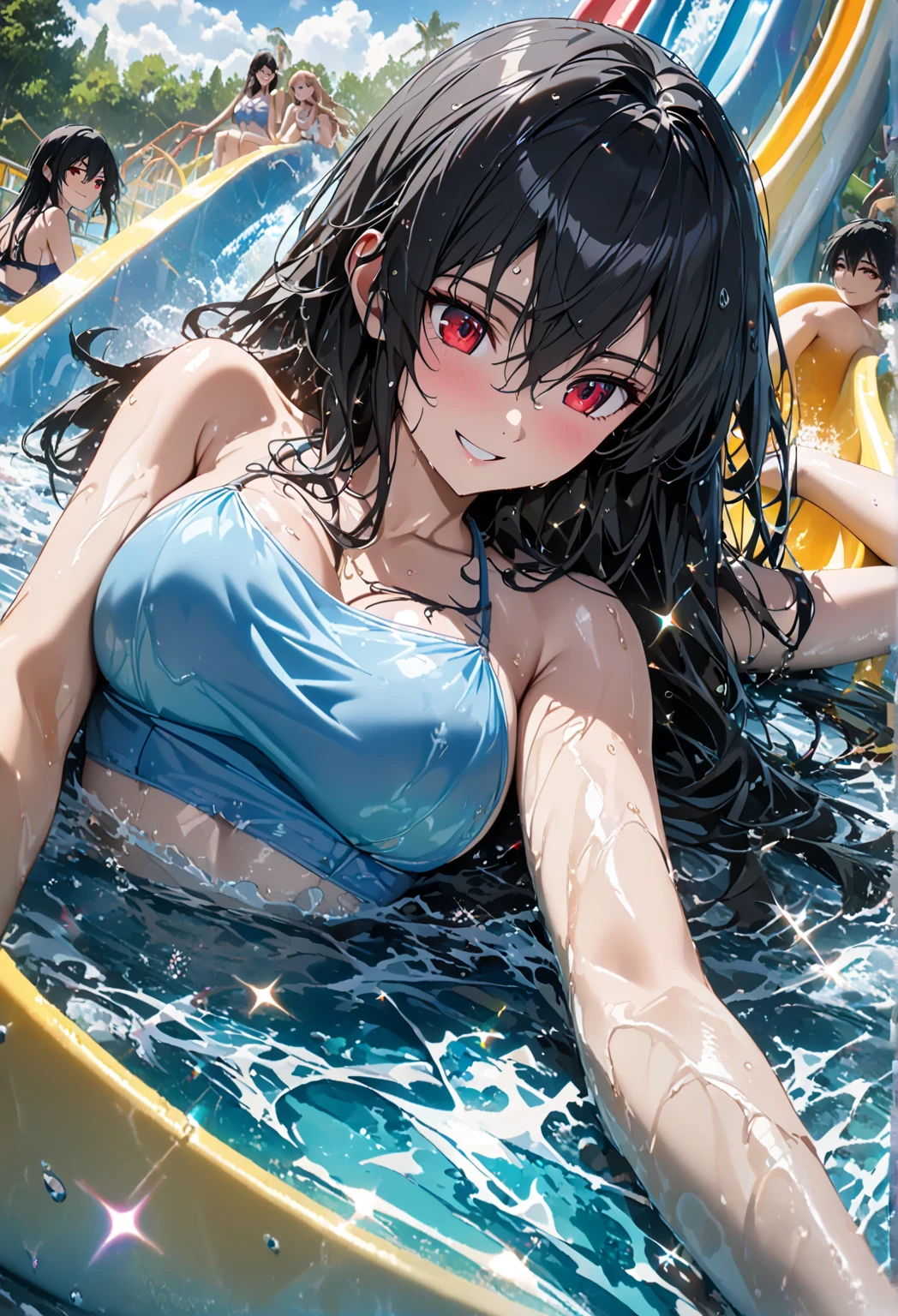 (pov sexy swimsuit style) (beautiful body), (solo:2, 18 yo, straight black hair very long hair cool sadist girl, sexy red eyes, glossy lip, love smile, big tits), (in a shell bikini swimsuit), break, in the sunshine Swimsuit contest venue, background beautiful ocean, Double Exposure beautiful rays, BREAK, perfect anatomy, masterpiece, best quality, 16k, beautiful detailed water, sexy, daydreaming expression.
