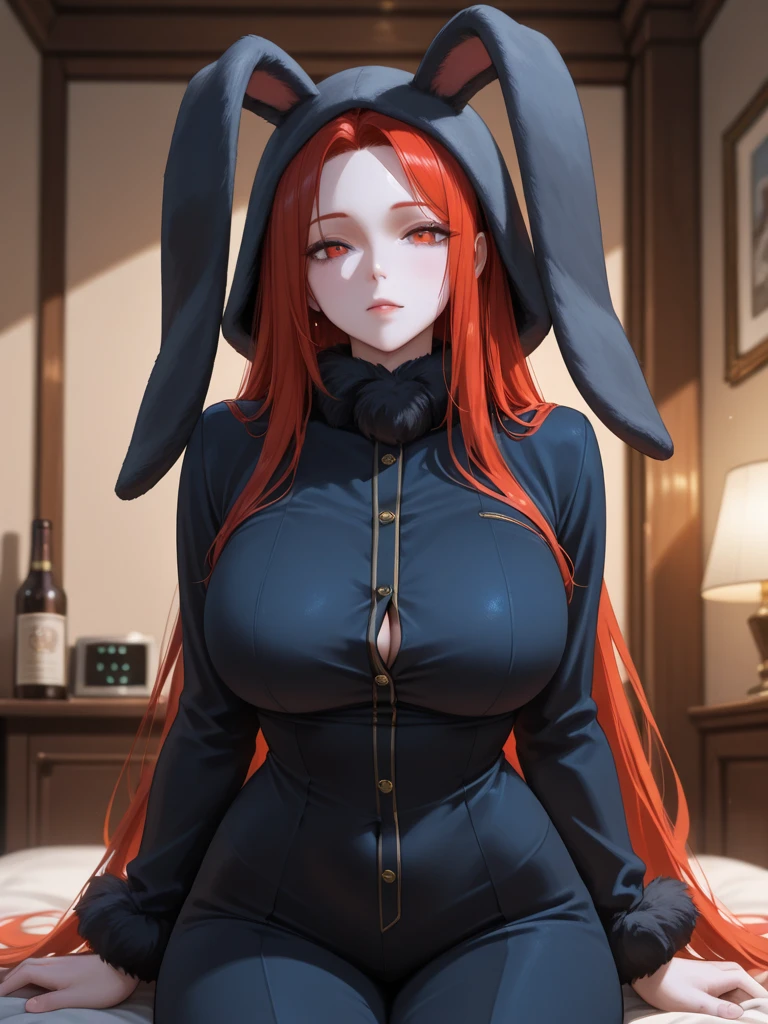 1girl, blurry, blurry_background, breasts, cleavage, depth_of_field, fake_animal_ears, fishnet_legwear, fishnets, large_breasts, leotard, (very_long_hair:1.6), (red_hair:1.6), hair over breasts, looking_at_viewer, makeup, pantyhose, photo_\(medium\), playboy_bunny, rabbit_ears, realistic, smile, solo, teeth, hands on the mouth, (indoor background:1.5), clubhouse background, masterpiece, highly detailed, <lora:lightAndShadow_v10:0.6>