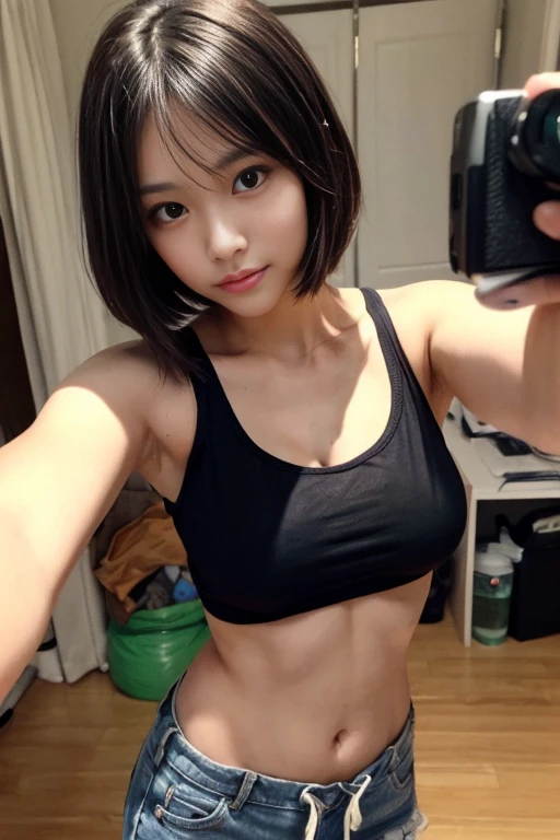 20 year old girl, Korean face, has a slim body, natural and firm breasts, short hair and dark brown color. Wearing a crop top and pants. Standing pose. Happy smiling. The image quality is the best, and it looks realistic and authentic.