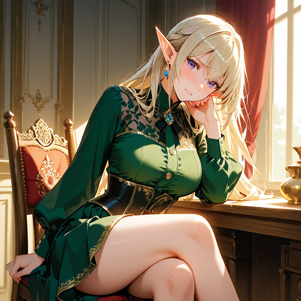 a woman, beautiful elf, tall (1.85cm), looking forward, posing from the front, slim elf, slender body, slender, adult, appearance around 28 years old, adventurous woman, elf woman, long hair, golden blonde hair , straight hair lightly braided, pointed ears, wearing a long silver earring in her ear, her eyes were emerald green, her face was happy and excited, her face was perfect, delicate face, extremely feminine face hands on her waist, hands with good anatomy , ultra-realistic hands, an adult woman wearing a blue blouse, long sleeves, black jeans, stockings and high heels, ring on her right hand, posing frontally, ((above average breasts)), perky breasts, perfect waist, above average ass, black lace fishnets, scene cleaning a table, inside an old castle, with the window open showing the sunset looking at the viewer