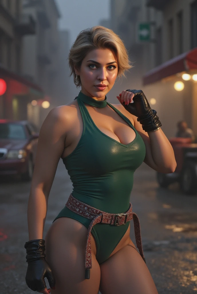 ((uma mulher)), ((com traje de Sonya Blade de Mortal Kombat 2)), (inspirada em Jessica McNamee:1.2), in a ring fight scenario, foto de corpo inteiro, Photo taken from low angle, foco nítido, soft-lighting, melhor qualidade, 8k UHD, DSLR, grain of film, (fotorrealista:1.2)