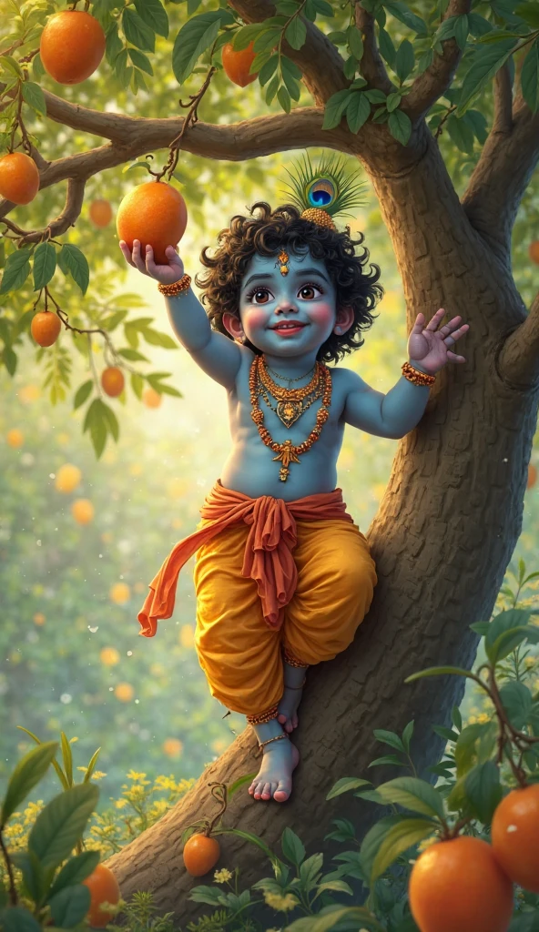 Little krishna smiley face, peacocks feather on head , plucking fruits from trees in a fruit garden. 