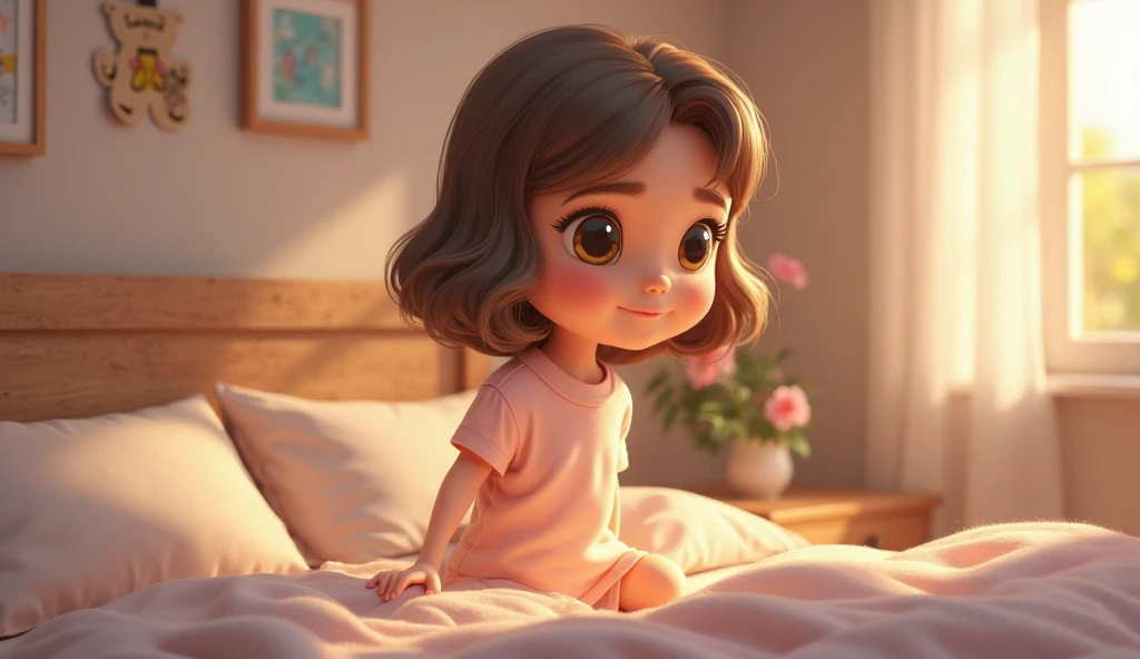  lies on the bed, its eyes slowly opening as sunlight streams in through the window. The doll stretches its arms and legs, yawning. The character has long, straight, and untidy brown hair. She has soft, delicate facial features, with bright, expressive yellow eyes that reflect a serene and thoughtful expression. Her skin is fair and she is beautiful, do it in the Disney Pixar style. In 9:16 format