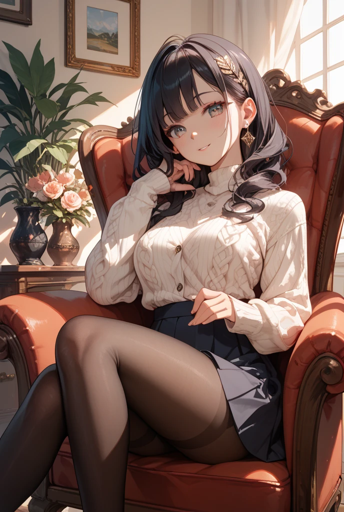 best quality, masterpiece, highres, extremely detailed girl, solo, sharp focus, beautiful detailed sky, beautiful detailed cloud, blue sky, cinematiclighting, (((character(((1 girl)))))), solo, plain white knitted loose sweater, loose clothes, long sweater, sleeves past fingers, crossed legs, smug, beautiful detailed eyes, yellow eyes, jewel-like eyes, diamond-shaped pupils, masterpiece illustration, atmospheric perspective, shiny hair, extra long hair, black hair, blunt bangs, plus size, black legwear, chair, white choker