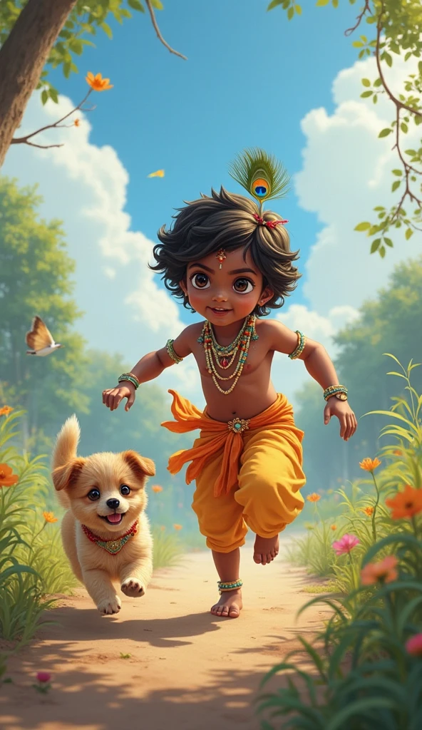 "Krishna, depicted as a chubby with a playful smile, is adorned in a yellow dhoti and peacock feathers. He is gripping Putana’s breast firmly, showing divine strength. There is a soft glow around him, representing his divine power as he overpowers the demoness."