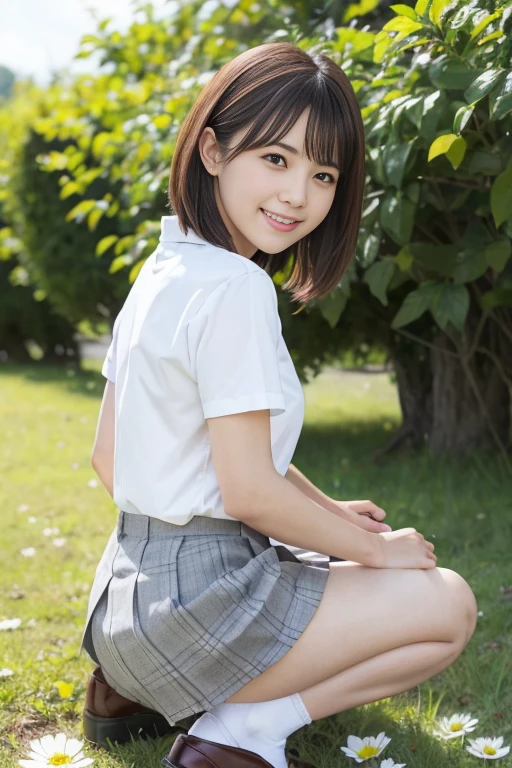 (8K、top-quality、masterpiece:1.2)、(reallistic:1.2、Photorealsitic:1.2)、1 girl in、watching at viewers、(Cute smile、large full breasts:2、Fine and beautiful eyes)、Slender body:1.7、Toned abs:1.3、de pele branca:1.4、(short-hair:1.2)、Short stature:1.5、masterpiece、top-quality、ultra-detailliert、Young Face:1.5、Junior high school years、 student、Lori face、Medium bob hair、The whole body is projected、hi-school girl、校服、white shirt、a black skirt、Physical education sitting、I can see panties:2