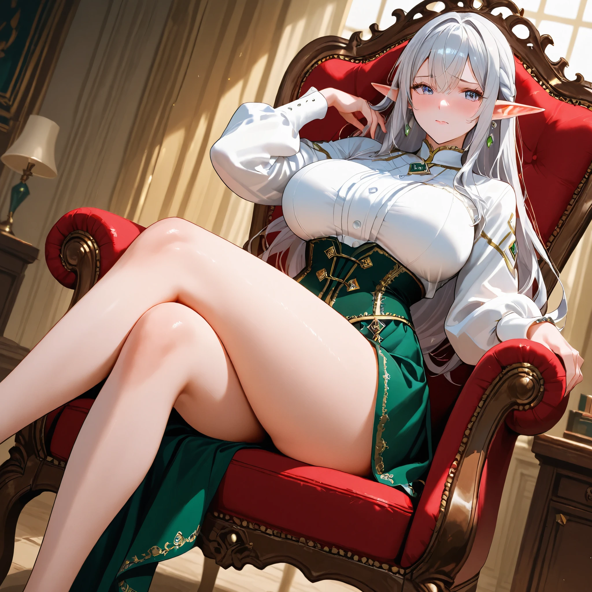 (((Horse Girl))), (((Fine Motion))), 1 person, Thighs, sitting on a luxurious red sofa, (((Legs wide open、So that the crotch is well visible))), smile, Dress like a young lady, (((Sexy panties with green embroidery))), High resolution, Her breasts are elegant and large.,