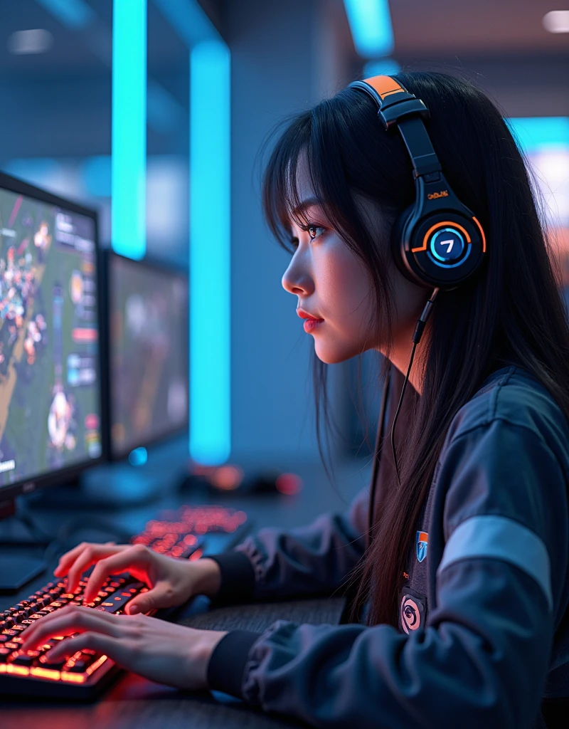 high quality, 8K, realistic, photorealistic, HDR, studio lighting, physically-based rendering, ultra-detailed, extreme detail description, professional. A corean girl is a pro gamer at "starcrat 2"