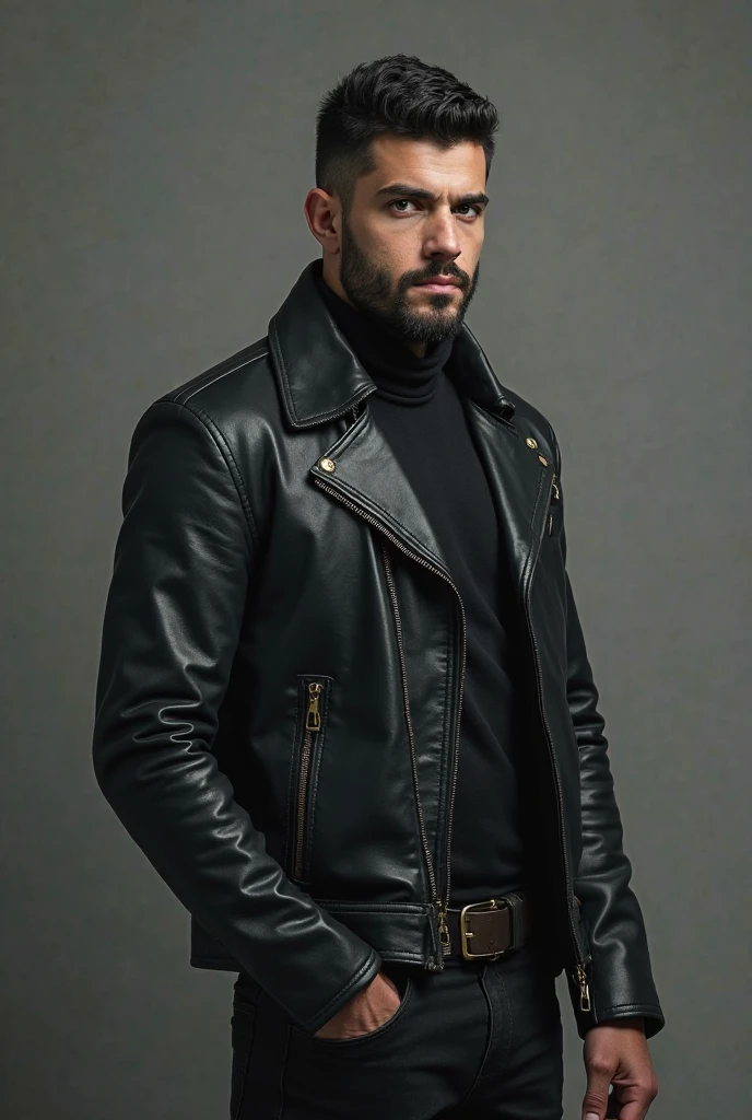 make a man tall, brawny, light-skinned bearded man, a green leather jacket and pants of the same color, This man has thick eyebrows and an evil appearance