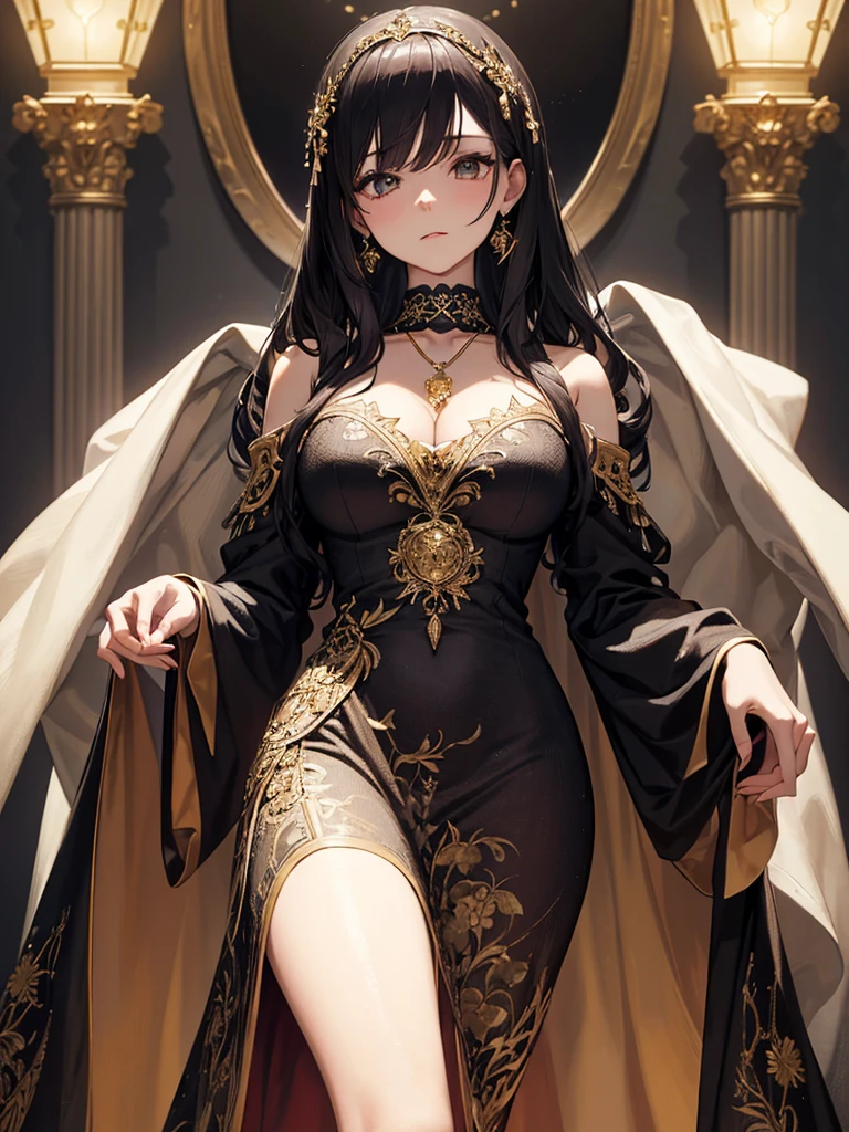 ((anime artstyle)),(Masterpiece),(Best Quality), (Super Detail),((Very Delicate and Beautiful)),((Solo)),((full body)),((1 arrogant princess in black and gold gorgeousfull rococo dress with voluminous skirt)),(Purple eyes),Sharp eyes,detailed face and eyes,jewel-like eyes,(((arrogant))),(((haughty smile))),dominant pose,((voluminous Very Long black Hair,Straight Hair)),((Bangs between eyes)),((gigantic tits,Long tits)),curvy,skindentation,((gorgeousfull embroidery and lace)),gorgeous corsage,See-through,gorgeousfull hair ornament,gorgeousfull glitter jeweled tiara,ornate ruffles,((full body)),((hoop skirt,crinoline)),Dynamic Angle,Looking at viewer,(((gorgeous embroidery black and gold gorgeousfull rococo dress with voluminous skirt)),full body