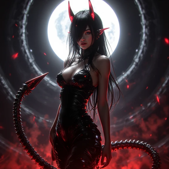 masterpiece, best quality, 8K wallpaper, HDR, octane rendering. A girl, alone, full body, (cut t-shirt), (short black shorts), barefoot, ((limbs mutated and transformed into huge beast claws, shadows form the beast's large jaws)), street, night, sky cloudy with ((lightning)), ((lightning: 1.1)), buildings in the background, detailed scenery, the girl has (messy and tied hair, shiny black hair:1,2), (beautiful and detailed face with perfect symmetry) , (beautiful, detailed red eyes), (red lips, smile, teeth: 1,2), (body with perfect anatomy, perfect natural texture, high details, glowing skin) cinematic lighting, vivid colors, detailed illustration, depth of field .