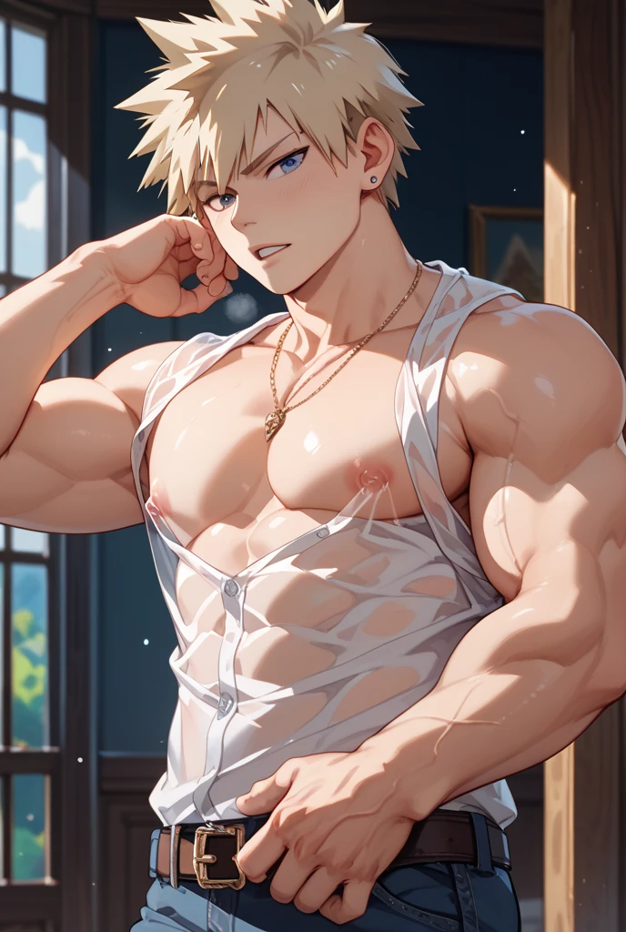 Detailed background, masterpiece, best quality, 1 person , curls, short hair, Purple Eyes, star in eye , Sleeveless shirt, Thong