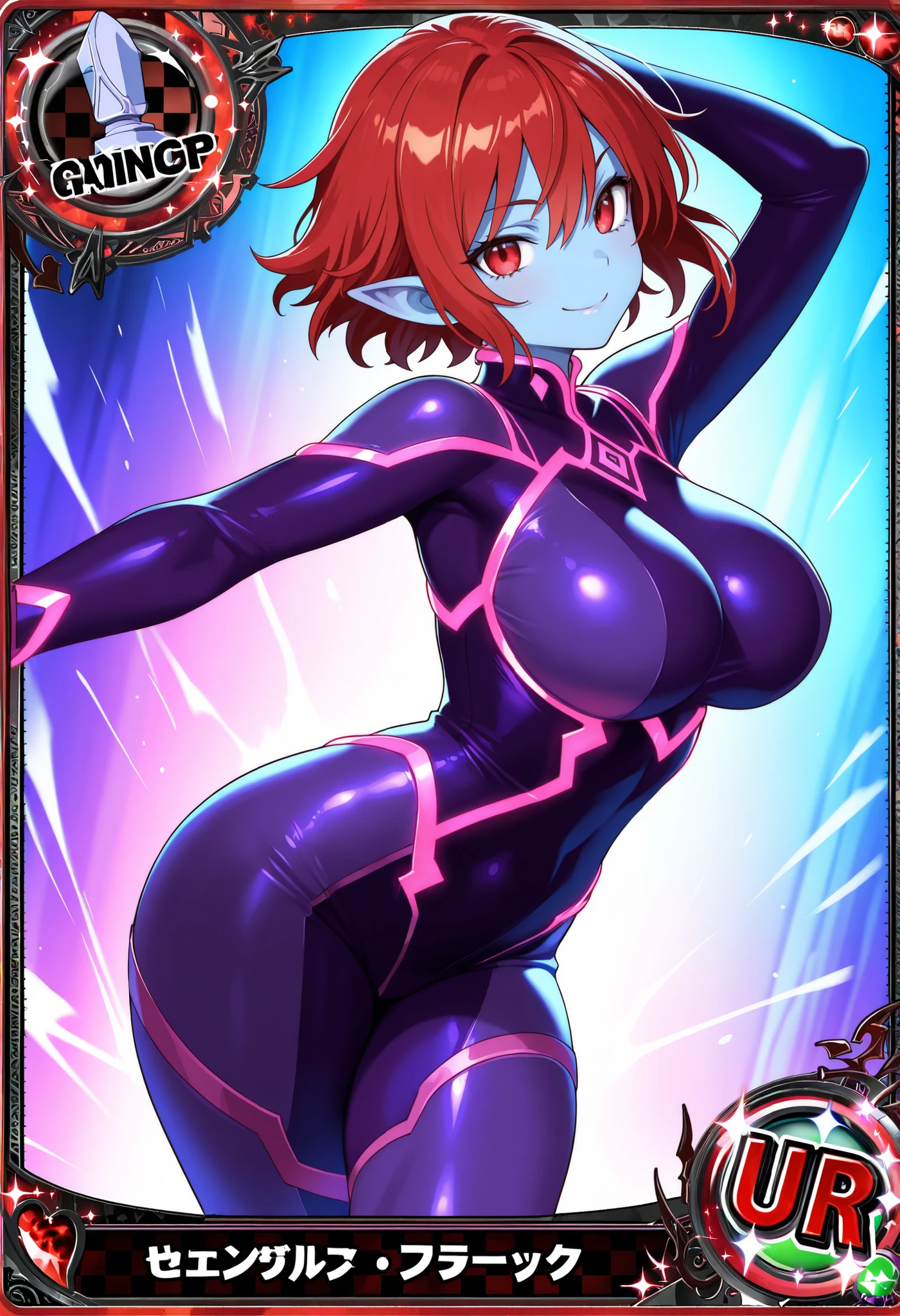 1girl, 2d, anime style, anime screencap, large breasts, thick thighs, wide hips, pink hair, very short hair, dark persona, corruption, hypnosis, mind control, bodysuit, pubic tattoo, futuristic, tech, science-fiction, machinery, heart-shaped pupils, smile, smug, smirk, tentacles, consensual tentacles