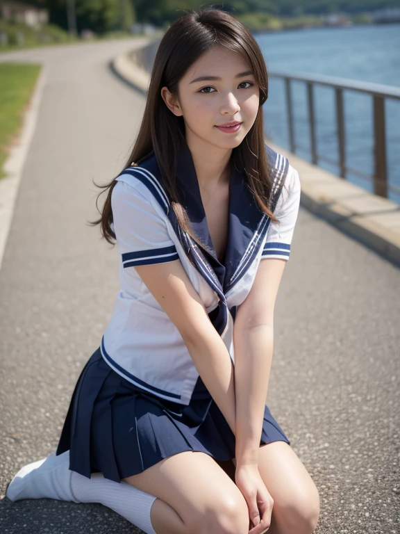 (highly detailed 8k wallpaper), sharp focus, detailed, dramatic, delicate and beautiful schoolgirl, sheer white shirt, dark blue ribbon, dark blue pleated micro mini, pink lingerie, sexy, smile, peeking at the viewer, graphics are beautiful, bright school building with strong sunlight, show the whole body, sitting, squatting, plump panties, white socks,