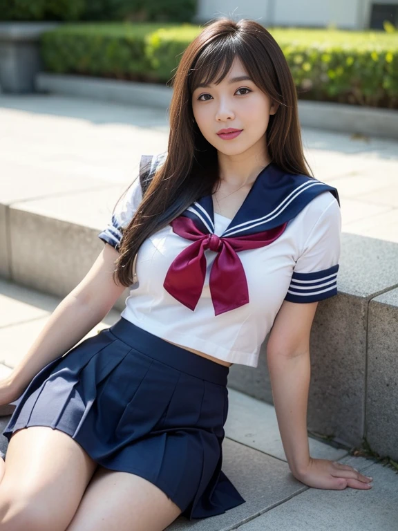 Pure Japanese school girl, outstanding body, white skin, wearing loose uniforms, no makeup, rough hair styles, sexual smile, sitting, spread wide legs, lift up skirt, (panty), secret temptation, professional portrait photography, summer morning light, 