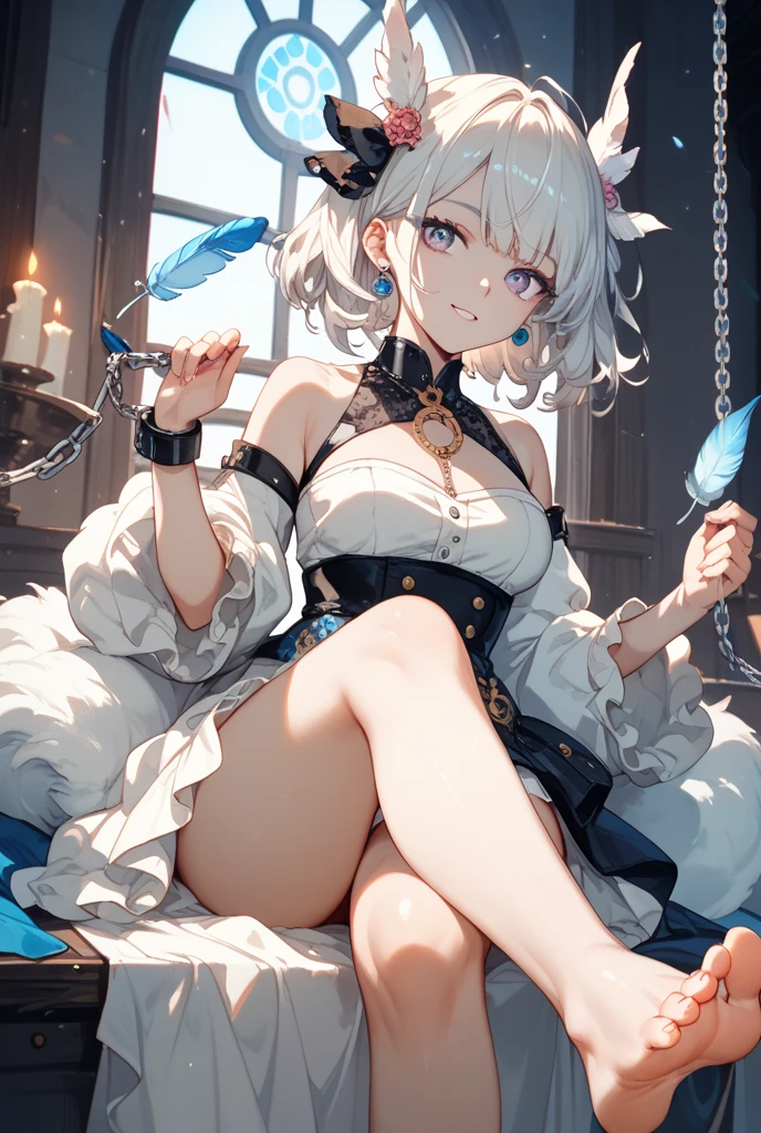 ((masterpiece,best quality)), 1girl, labrynth, , short hair, Maronite hair color, pink eye, horn, no underwear,silver barefoot, sitting, from below, face ,eye, fixed eye, sinister evil girl look , fixed leg,  legs crossed, hand on chin, fixed foot , fixed toe