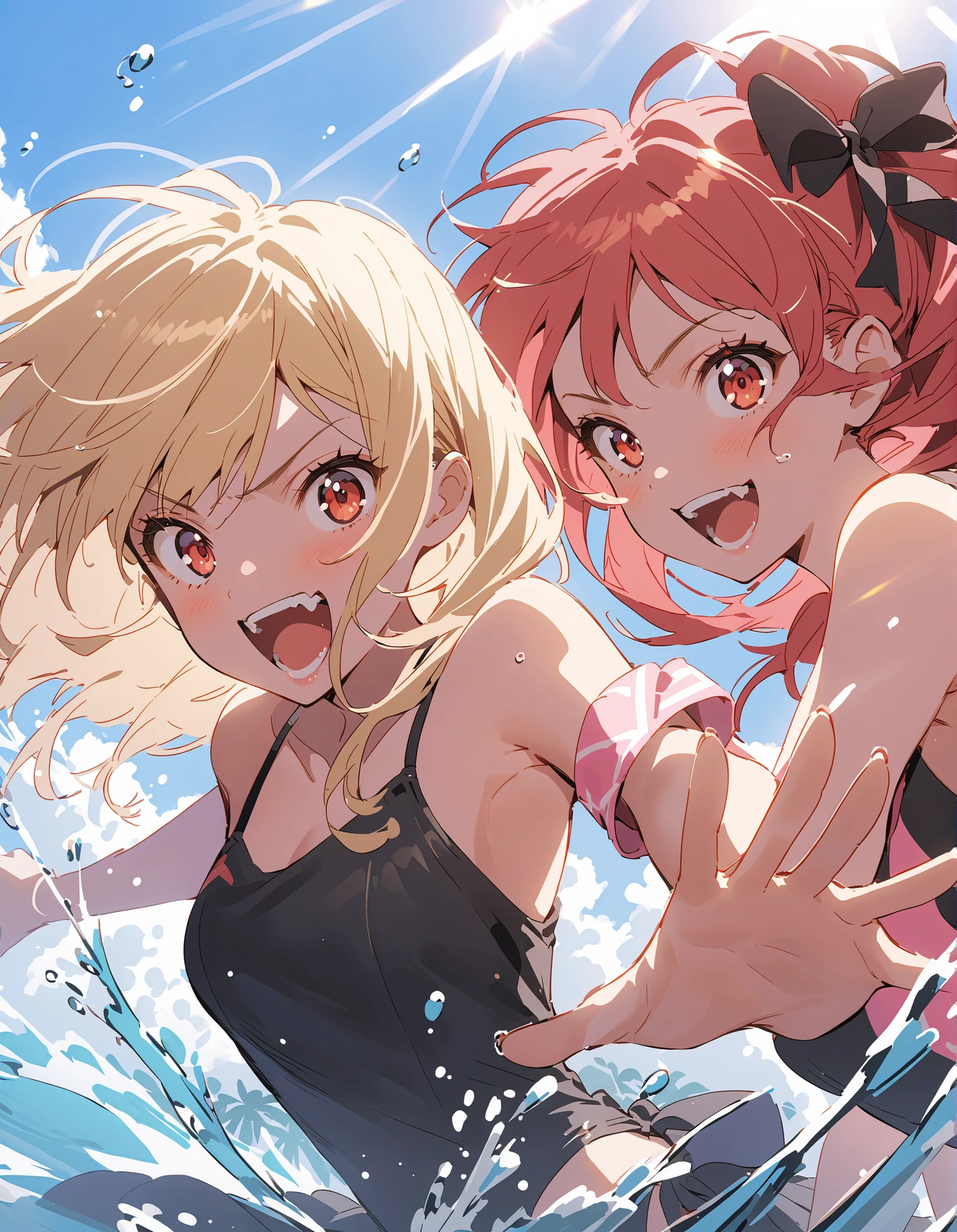 two people die, two girls. first blonde girl with pink swimsuit and pink armbands. second redhead girl with black swimsuit. background water park , place water park, splashes of water, Rays of light, Close to camera, dynamic pose