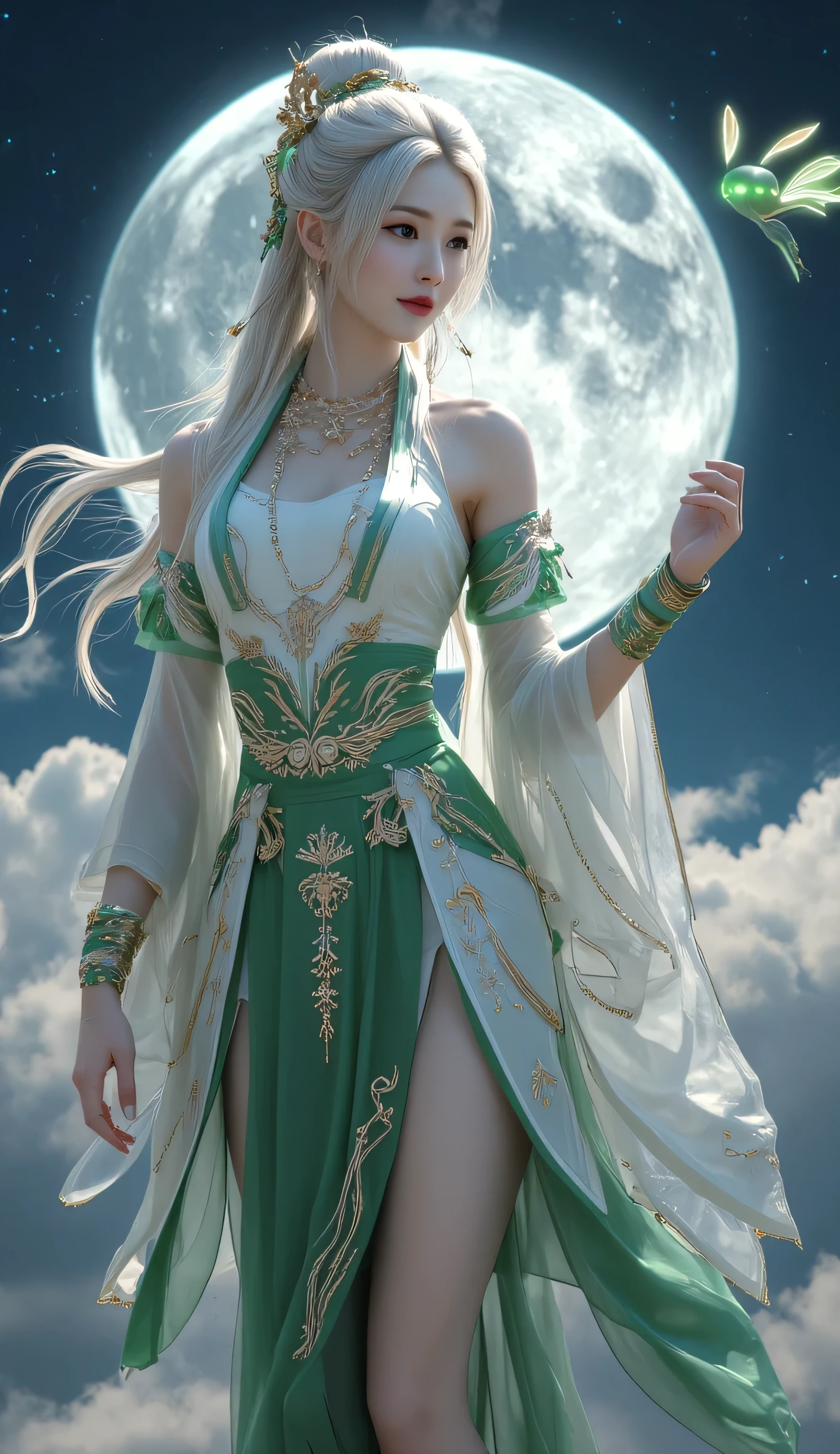 Beautiful moon goddess floating in the night sky, elegant Asian female with soft white hair in a high ponytail, decorated with green and gold hair ornaments, wearing a fantasy-style green and ivory hanfu-inspired outfit, high-slit skirt, golden embroidery, flowing translucent fabrics, celestial and divine appearance, calm and graceful expression, jade accessories, golden armbands, glowing moon in the background, soft clouds, magical atmosphere, cute floating companion spirit with glowing eyes and tiny wings, 3D fantasy digital painting, hyper-realistic detail, soft cinematic lighting, Chinese fairy tale style, ethereal and majestic.