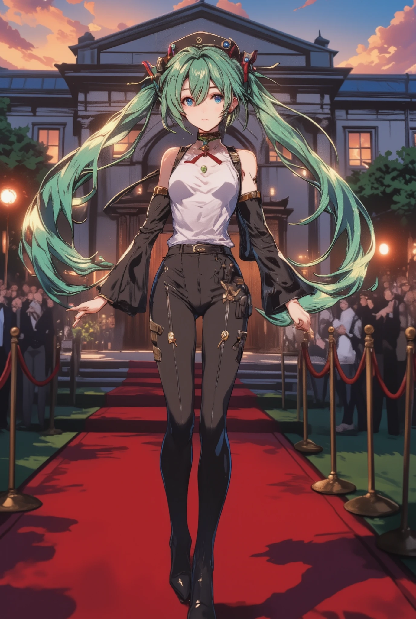 (masterpiece、Highest Quality、Highest Quality、Official Art、beautiful and beautiful:1.2)、(1 girl on break day:1.3)Hatsune Miku、beautiful breasts、light green twin tail、BLACK DANDISM NIGHT, beautiful woman highlighting her lower lip, from above, solo, (GREAT TAILING INTO BLACK DIASPORAN IDENTITY {x}, BEAUTIFUL DIMENSIONAL STRUCTURE, GORGEOUS DYNAMIC COSTUME), solo, from above, SLAVE TO CYBER FASHION, STYLISH STYLING OF DESTINY ON THE RED CARPET, darts, patch pocket , WELT POCKET, STYLISH PURE BLACK EMOTION, Met Gala, she wears a low-cut blouse, Well-tailored tight clothes. has her arms gracefully crossed in front of her chest , With Red Highlights、outdoor、In front of the building、she walks the red carpet of press events late in the evening. the fading sunset dramatically backlights her、The camera flash shines off the screen、 wearing an elegant outfit