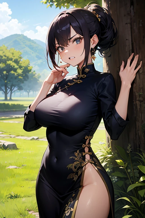 Dark brown hair, Light brown eyes, Chinese women, 40 years old, Intricate details, Upper body photo, (delicate eyes), (Detailed facial features), best quality, Ultra-high resolution, 8k resolution, Writing border depth, in the city, Large breasts1:2, cleveage,Older Tights, (short hair), (View your audience), (Strike sexy poses),Sitting on the beach