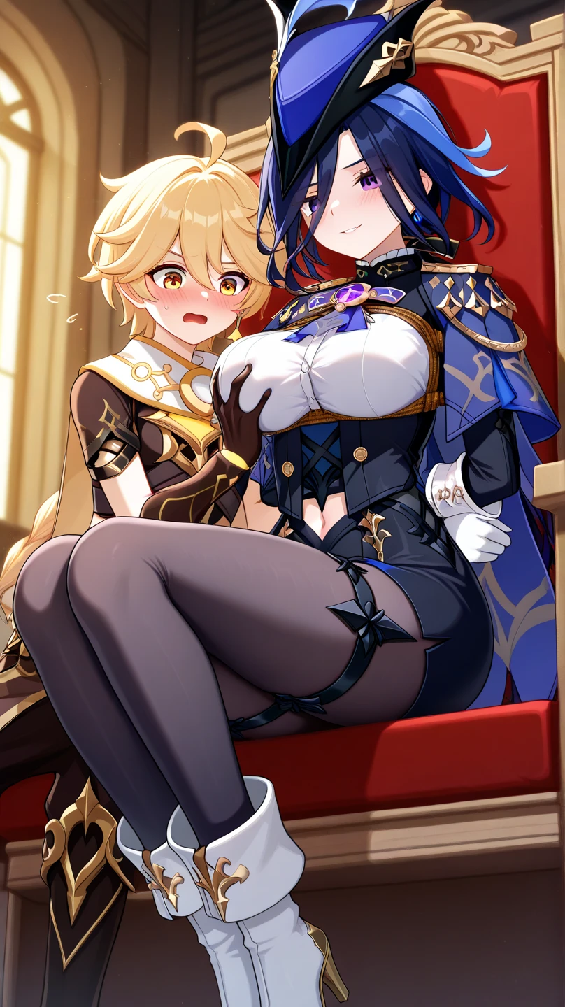 score_9, score_8_up, score_7_up, score_6_up, source_anime, highest quality, masterpiece, 1girl and 1boy, (1boy femnin, otokonoko, femboy, long hair), futa on male, futa is bigger, femdom, forced, uncensored, precum, Fantasy,armor, Arena, A boy is pinned down by a futanari woman and has anal sex