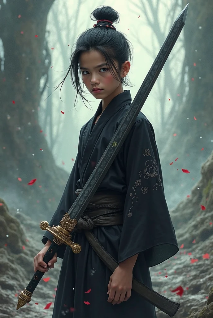 A dark-skinned boy with a white katana and wrist guards