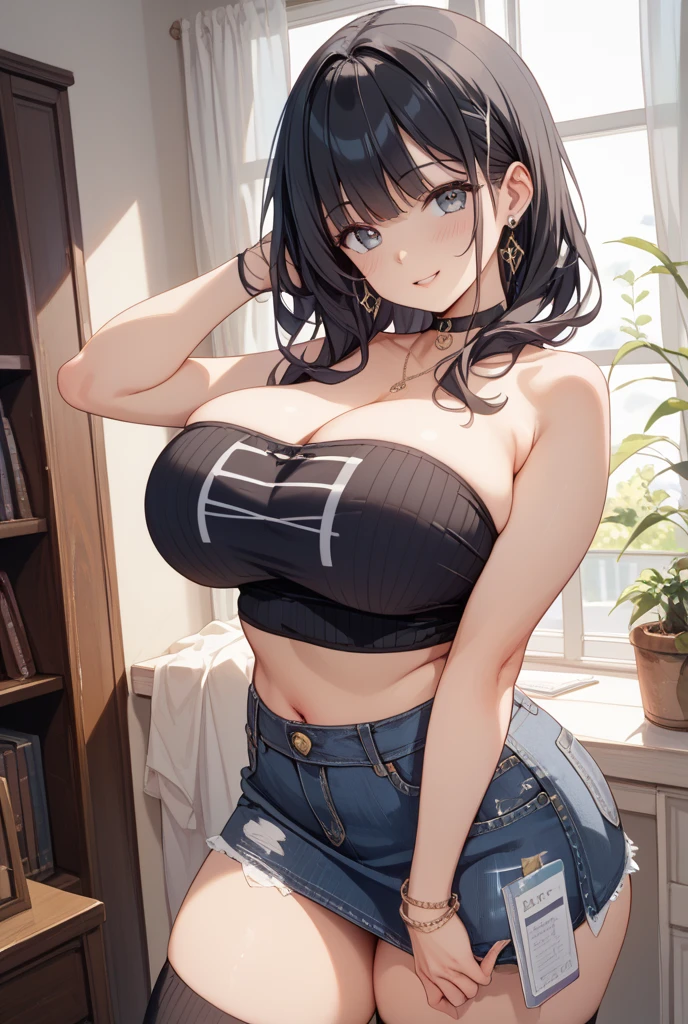 (Best quality at best,Unbeatable masterpiece:1.4),Ultra-detailed CG 4K,white camisole,Black plaid slit skirt,Huge cleavage,Nipple presentation,AS-Adult,hair covering one eye,smooth thigh,standing with legs apart,Nipple presentation,navel,Lower breast,Breasts enlarged,lift one thigh