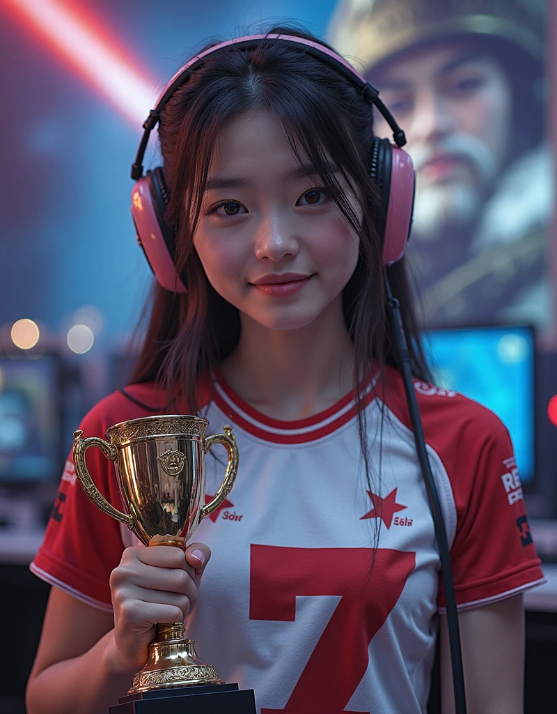 High quality, 8K, realistic, photorealistic, HDR, Large white round neck, physical rendering, ultra-detailed, extremely detailed description,  professional . Une jeune fille coréenne est une joueuse  professional le du jeu vidéo "starcaft 2".She won the esports tournament and is showing the trophy. Maillot équipé e-sport. Starcraft game poster in the background.