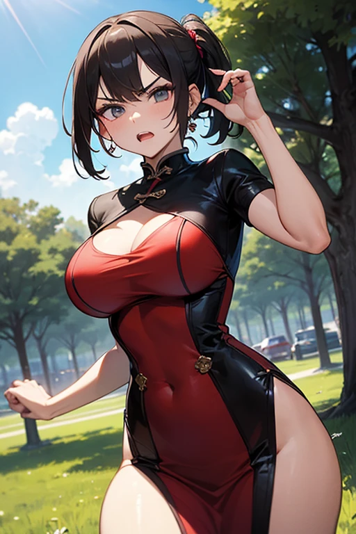 ((masterpiece)), (best quality:1.7), (detailed:1.4), (high res:1.4), 8k, (colorful:1.5), high resolution, sharped image, 4k, hd, (beautiful detailed background:1.2), (beautiful lighting:1.2), (highly detailed:1.2), perfect lighting, (8k wallpaper:1.2), (highly detailed:1.2), (extremely detailed CG:1.2), ((((only brunette very long hair ponytail with a green ribbon)))), (((large chest))), (((busty))), curvy figure, (((light green eyes))), (maroon yoga outfit), yoga pants, mature, older, human adult, short, fullbody