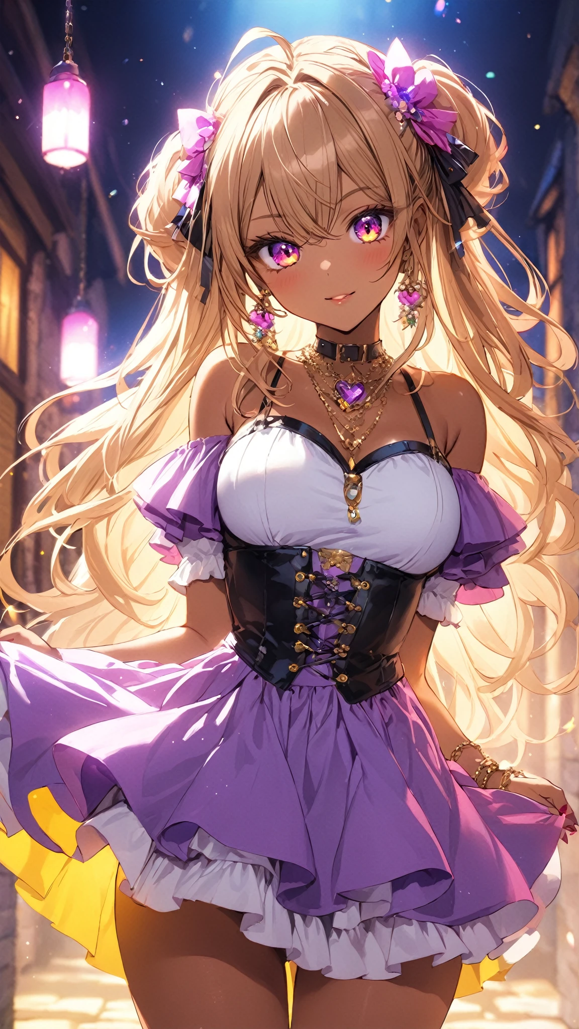 {{huge breasts、constricted waist、slender,slim,skinny}}、{{magical girl、pink magical girl costume、mini skirt}}、blonde、Very Longhair、french braid、smile、open your mouth、put your hand on your waist、a large white ribbon on the head,、purple eyes